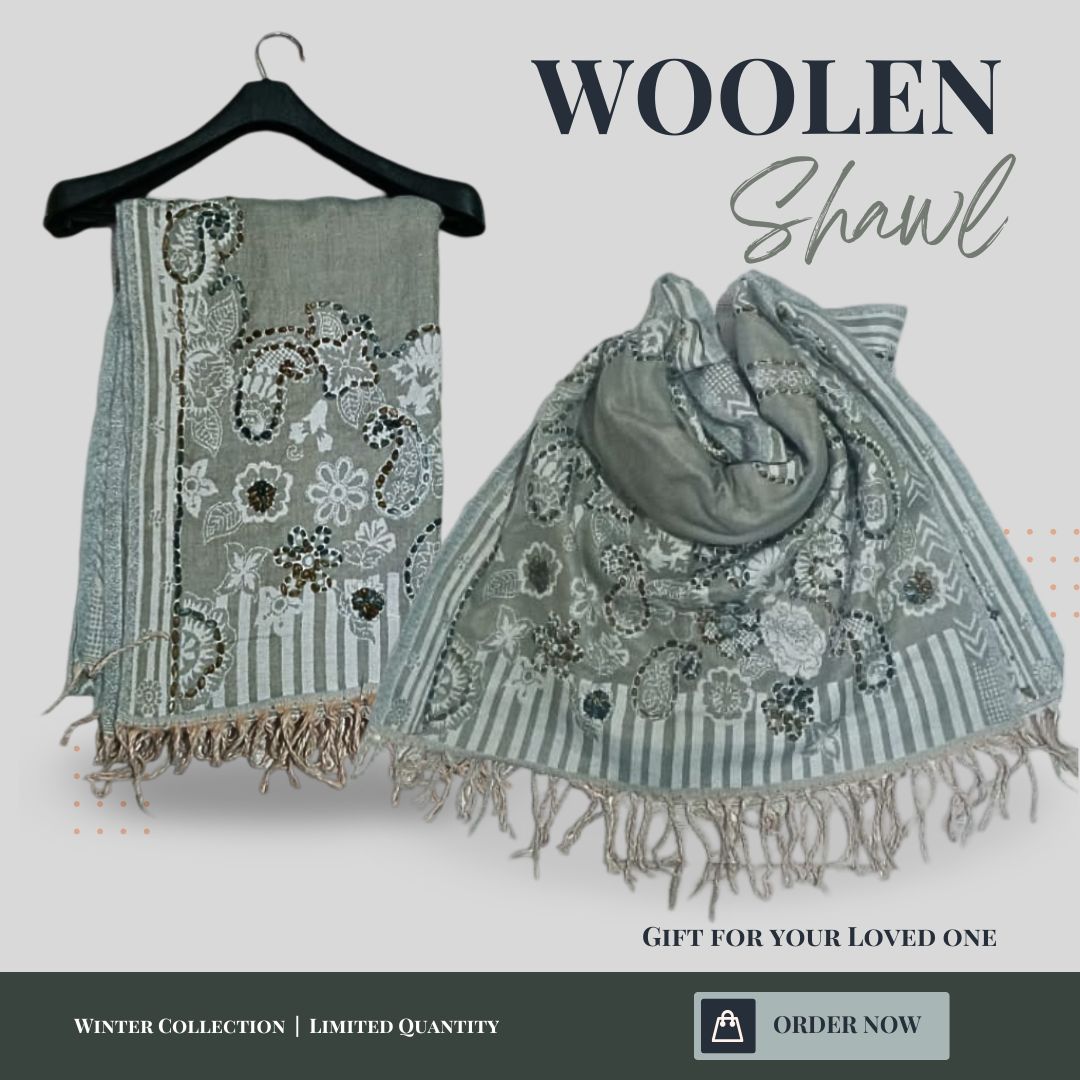 Woolen Shawl for Women Winter - Light Grey Green Shawl 2025 - with Embroidery High quality Shawl - Light weight Shawl - Crystal Kart