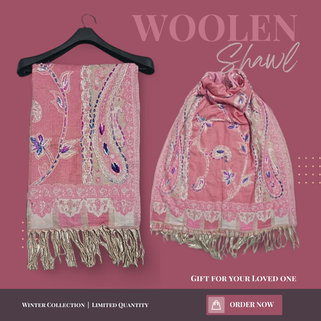 Woolen Shawl for Women Winter - Light Pink Shawl 2025 - with Embroidery High quality Shawl - Light weight Shawl - Crystal Kart