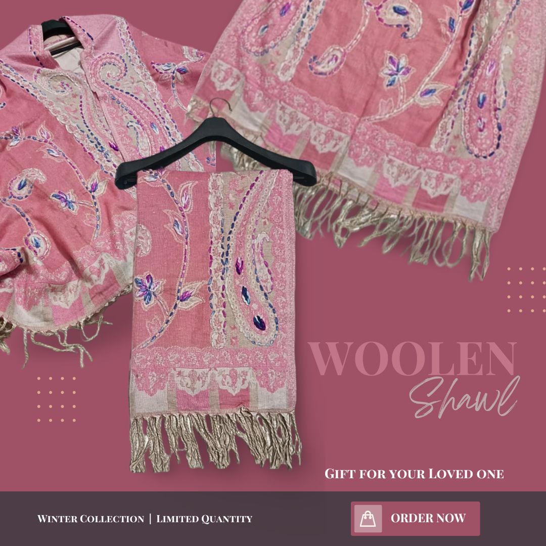 Woolen Shawl for Women Winter - Light Pink Shawl 2025 - with Embroidery High quality Shawl - Light weight Shawl - Crystal Kart